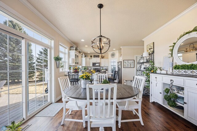 dining area with a textured ceiling, dark wood-style flooring, a chandelier, and ornamental molding