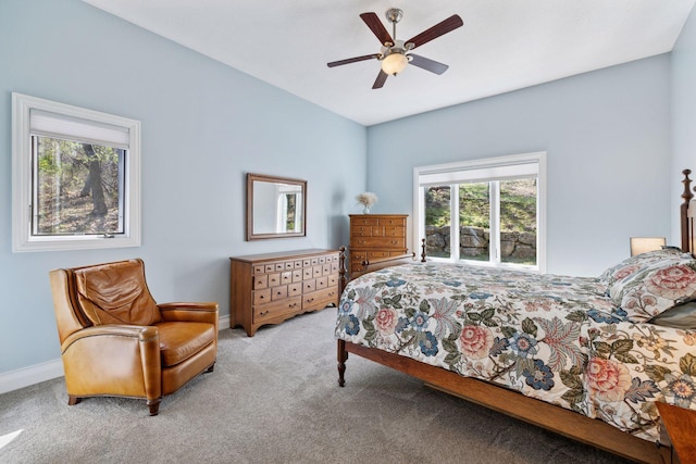 bedroom featuring multiple windows, carpet floors, and baseboards