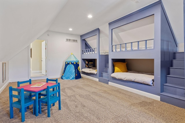 game room with carpet floors, built in shelves, lofted ceiling, baseboards, and recessed lighting