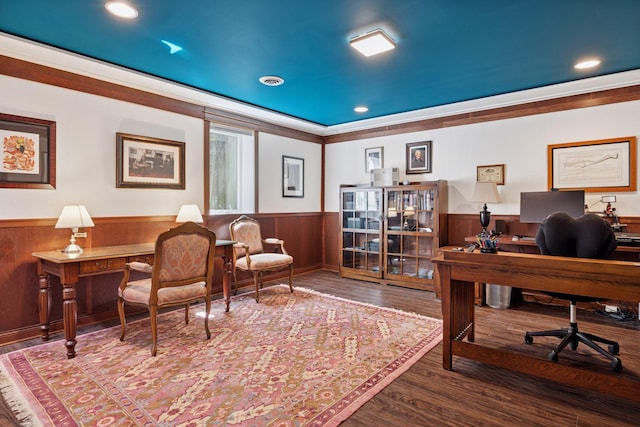 office area with wainscoting, wood finished floors, recessed lighting, and wood walls