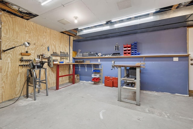 unfinished below grade area with a workshop area