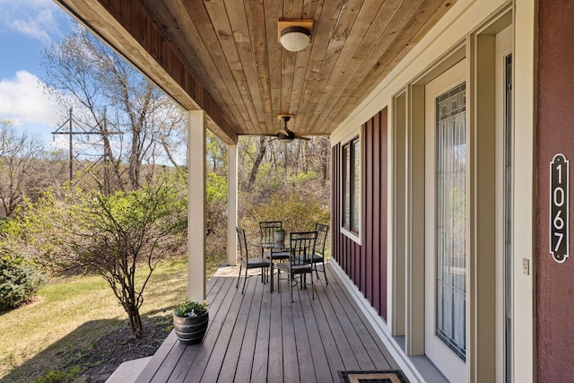 1067 Pioneer Rd, Red Wing, MN 55066 - wooden terrace featuring outdoor dining area and ceiling fan