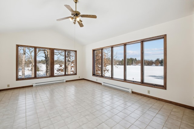 unfurnished room featuring baseboards, vaulted ceiling, baseboard heating, and ceiling fan