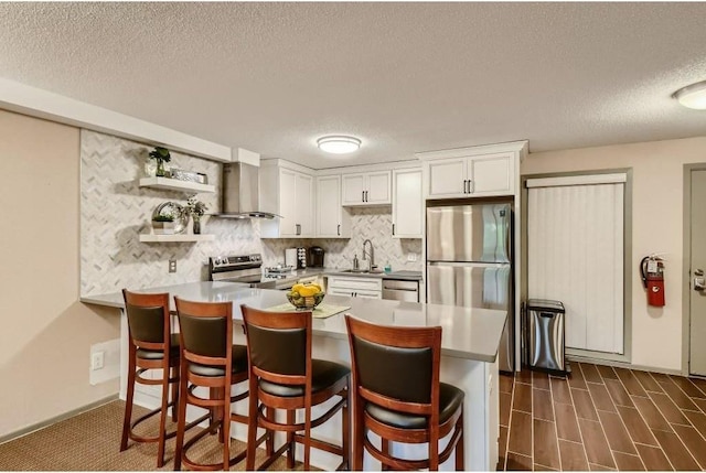 kitchen featuring wall chimney exhaust hood, a textured ceiling, a peninsula, a sink, and stainless steel appliances