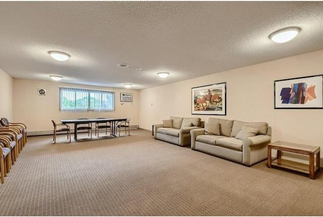 living room featuring a textured ceiling and carpet
