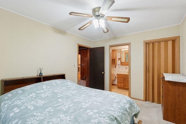 bedroom featuring light carpet and ceiling fan