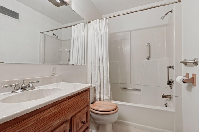 full bathroom featuring tile patterned floors, visible vents, shower / tub combo with curtain, toilet, and vanity