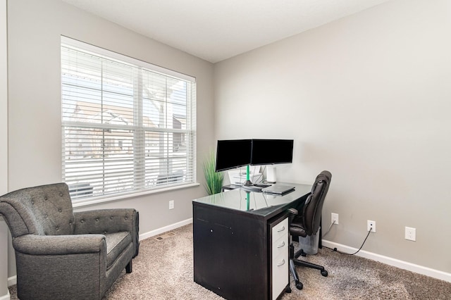 office featuring baseboards, plenty of natural light, and light carpet
