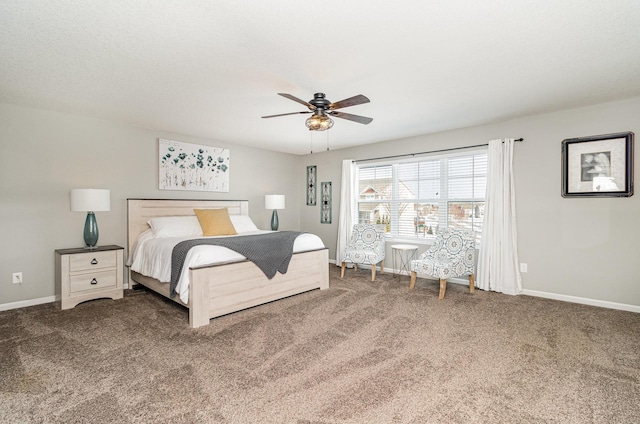 bedroom featuring carpet floors, baseboards, and ceiling fan