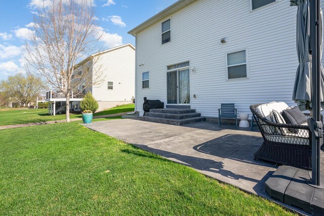 back of house featuring entry steps, a patio, and a yard
