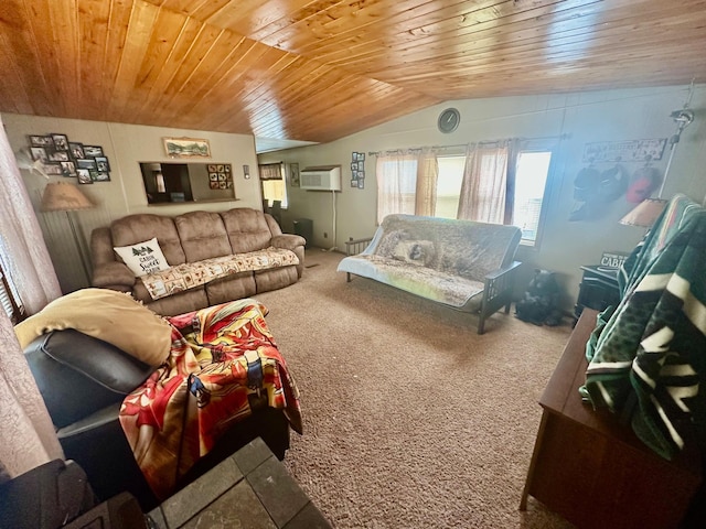 living room featuring vaulted ceiling, carpet, wood ceiling, and a wall mounted air conditioner