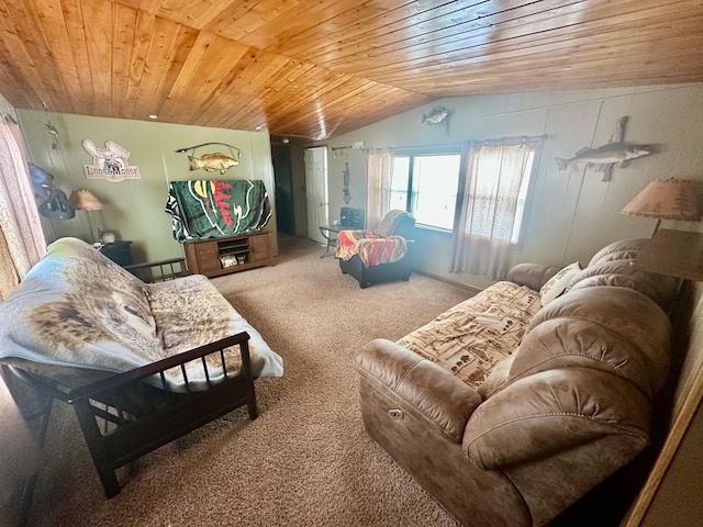 living room featuring vaulted ceiling, wooden ceiling, and carpet flooring