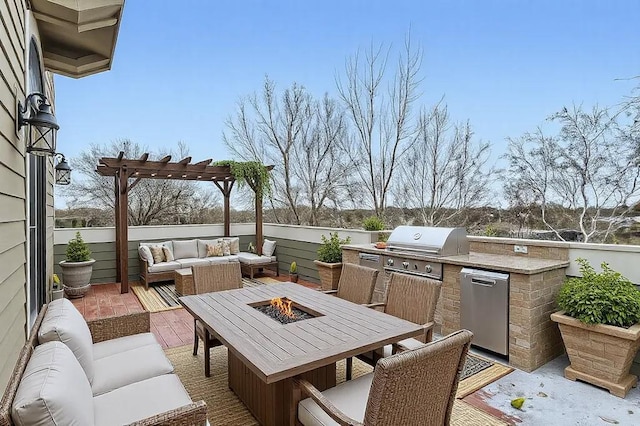 view of patio with a grill, area for grilling, a pergola, and an outdoor living space with a fire pit