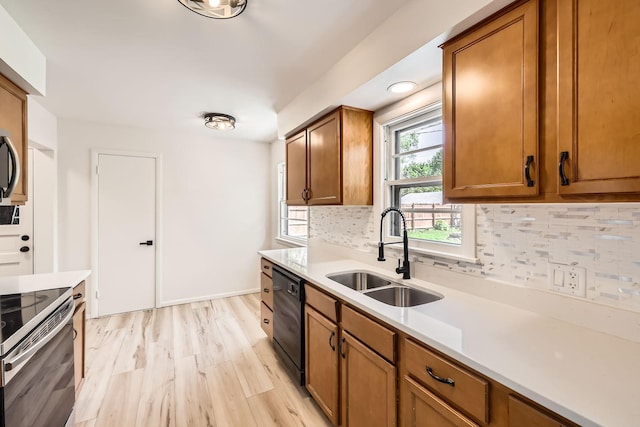 kitchen featuring a sink, dishwasher, brown cabinets, and tasteful backsplash