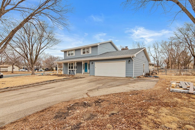 traditional-style home with a garage, a shingled roof, dirt driveway, a chimney, and fence