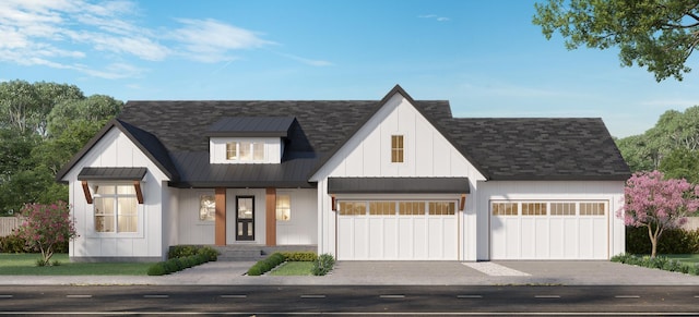 modern farmhouse with a garage, metal roof, aphalt driveway, and board and batten siding