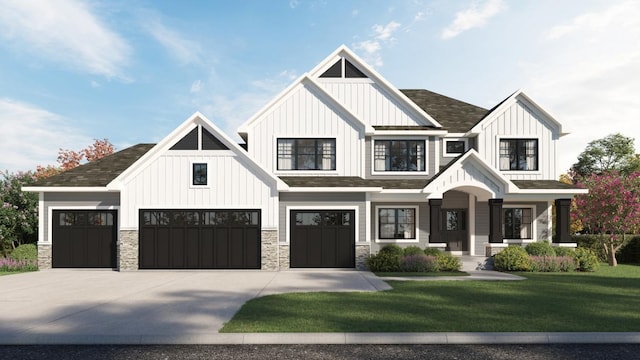 view of front of house with concrete driveway, stone siding, roof with shingles, board and batten siding, and a front yard