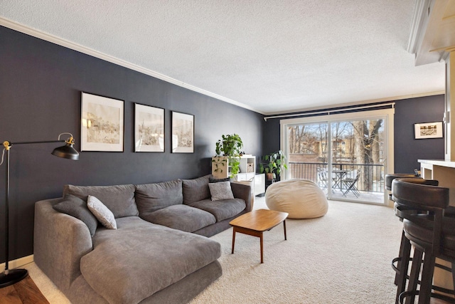 living room with carpet, crown molding, and a textured ceiling