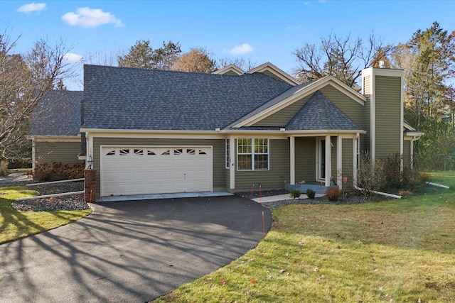 view of front of property with driveway, a chimney, roof with shingles, an attached garage, and a front yard