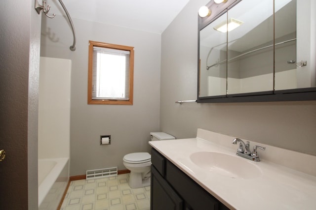 bathroom featuring toilet, baseboards, visible vents, and vanity