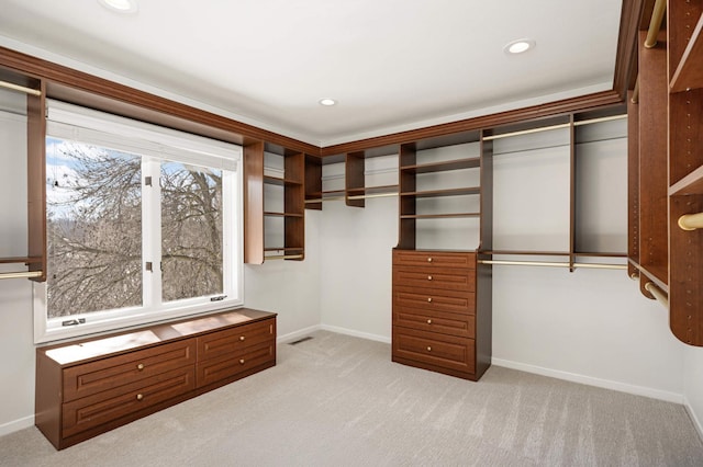 spacious closet featuring visible vents and light colored carpet