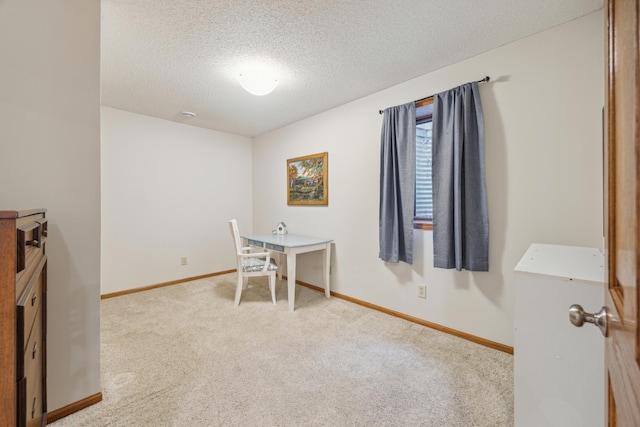 office featuring baseboards, a textured ceiling, and light colored carpet