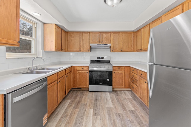 kitchen featuring backsplash, under cabinet range hood, light wood-type flooring, appliances with stainless steel finishes, and a sink