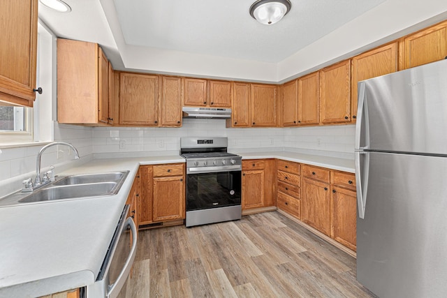 kitchen featuring a sink, light wood-style floors, under cabinet range hood, appliances with stainless steel finishes, and backsplash