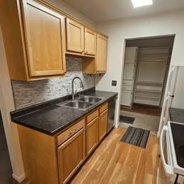 kitchen featuring range, dark countertops, a sink, and decorative backsplash