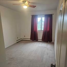 unfurnished room with light carpet and ceiling fan