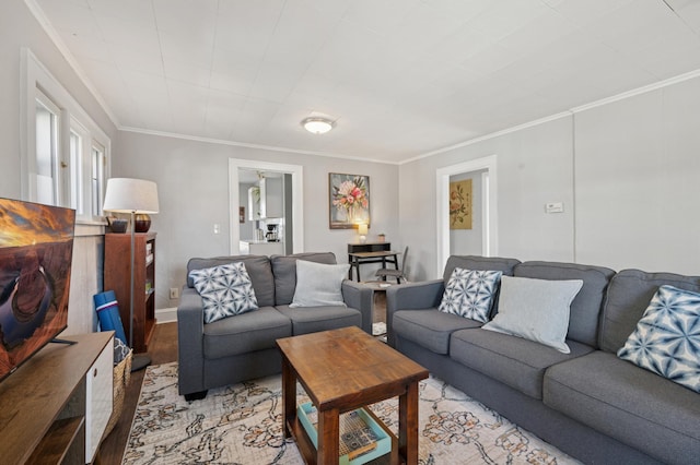 living area with light wood finished floors and ornamental molding