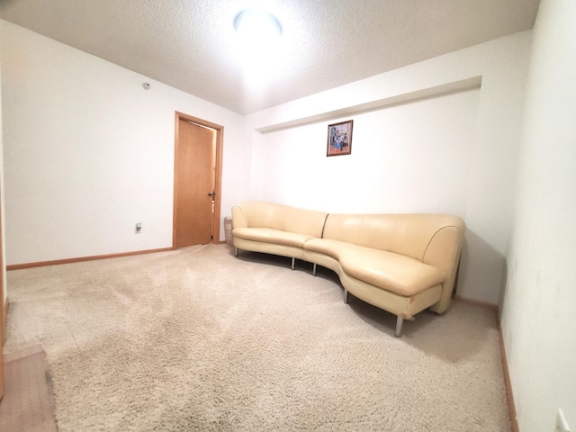 living area featuring a textured ceiling, carpet floors, and baseboards