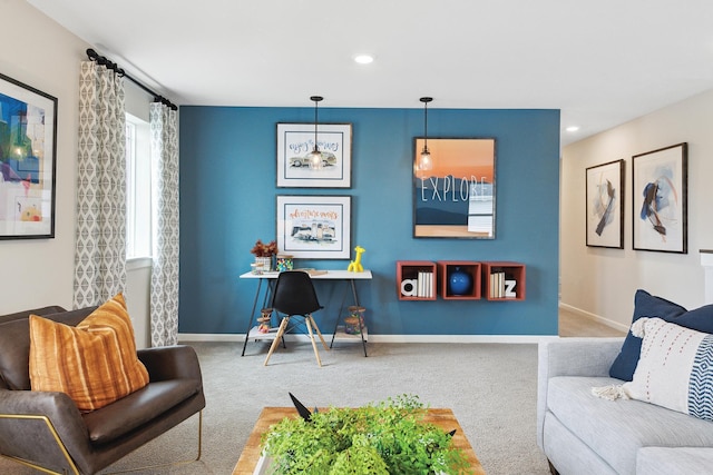 interior space with carpet, baseboards, and recessed lighting