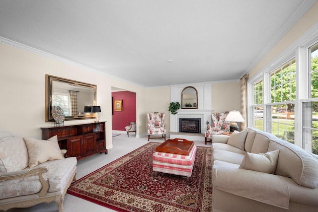 2135 Shadyview Ln N, Plymouth, MN 55447 - living area featuring light carpet, crown molding, a fireplace, and baseboards