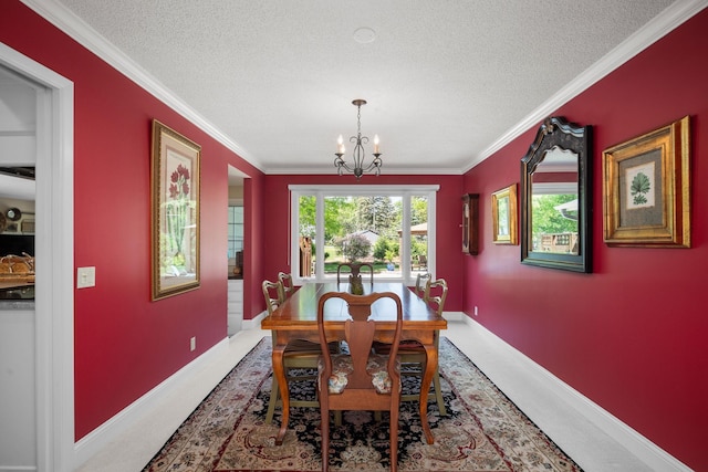 2135 Shadyview Ln N, Plymouth, MN 55447 - dining room with a chandelier, a textured ceiling, ornamental molding, and baseboards