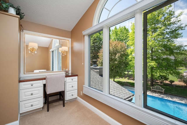 2135 Shadyview Ln N, Plymouth, MN 55447 - office area featuring built in study area, light carpet, baseboards, a textured ceiling, and lofted ceiling