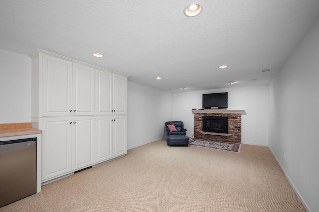 2135 Shadyview Ln N, Plymouth, MN 55447 - living area with light colored carpet, a brick fireplace, recessed lighting, and baseboards