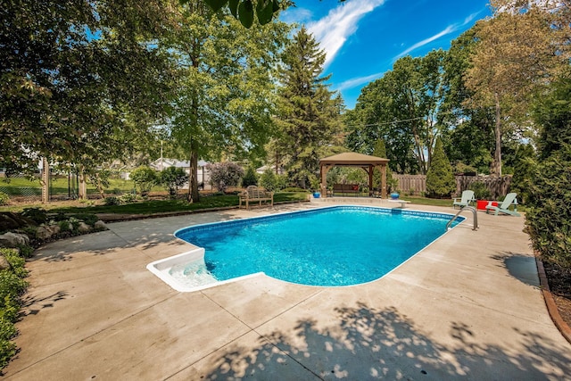 2135 Shadyview Ln N, Plymouth, MN 55447 - view of pool with a gazebo, a patio, and view of wooded area