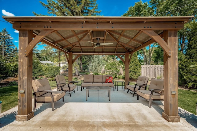 2135 Shadyview Ln N, Plymouth, MN 55447 - view of patio featuring a gazebo, an outdoor hangout area, view of scattered trees, and ceiling fan