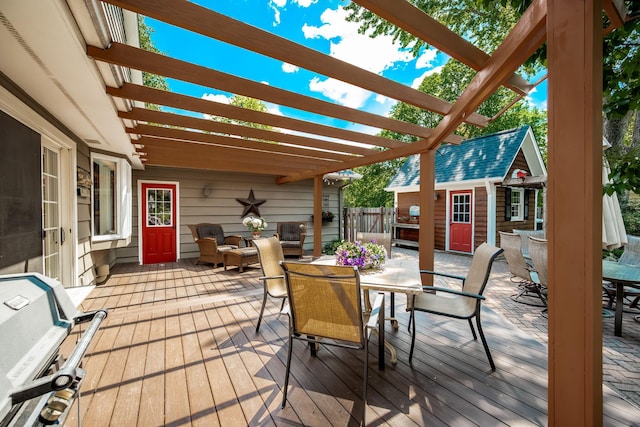 2135 Shadyview Ln N, Plymouth, MN 55447 - wooden terrace featuring outdoor dining space, an outdoor structure, and a pergola