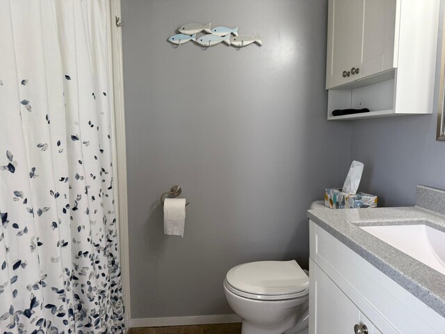 full bath featuring toilet, curtained shower, and vanity
