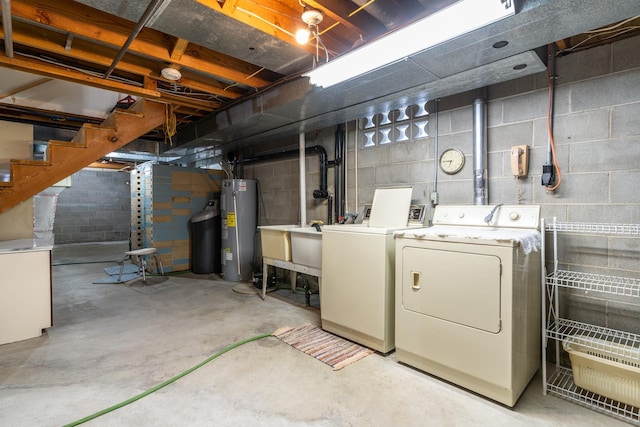 unfinished below grade area featuring independent washer and dryer and electric water heater