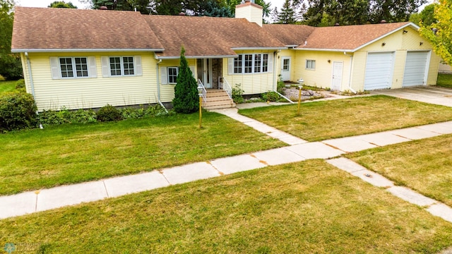 ranch-style house featuring a garage, a chimney, a front lawn, and a shingled roof