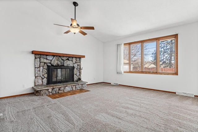 3879 Polk St NE, Columbia Heights, MN 55421 - unfurnished living room featuring ceiling fan, vaulted ceiling, carpet floors, and visible vents