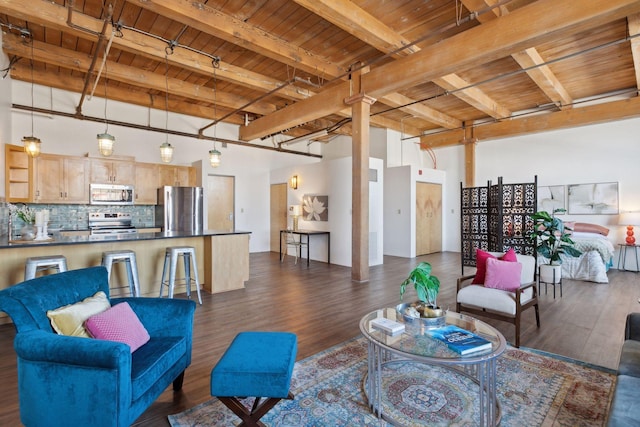 living room featuring dark wood-type flooring, wood ceiling, and beam ceiling