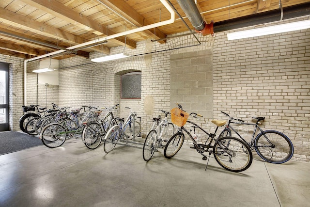 garage with wooden ceiling and bike storage