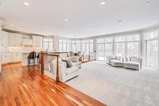 living area featuring a healthy amount of sunlight, crown molding, and recessed lighting