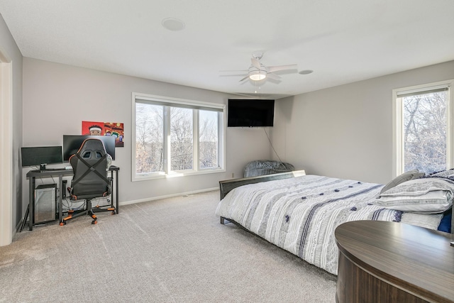 bedroom featuring ceiling fan, multiple windows, carpet flooring, and baseboards