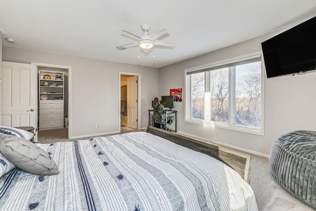 bedroom with a ceiling fan, a walk in closet, light carpet, and baseboards