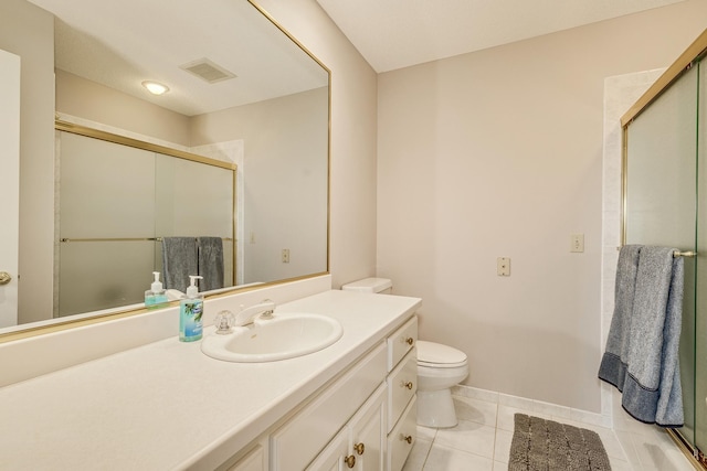 full bathroom with a stall shower, vanity, visible vents, and tile patterned floors